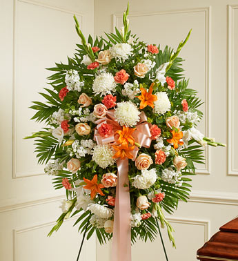 Deepest Sympathies Standing Spray - Peach- Orange & White